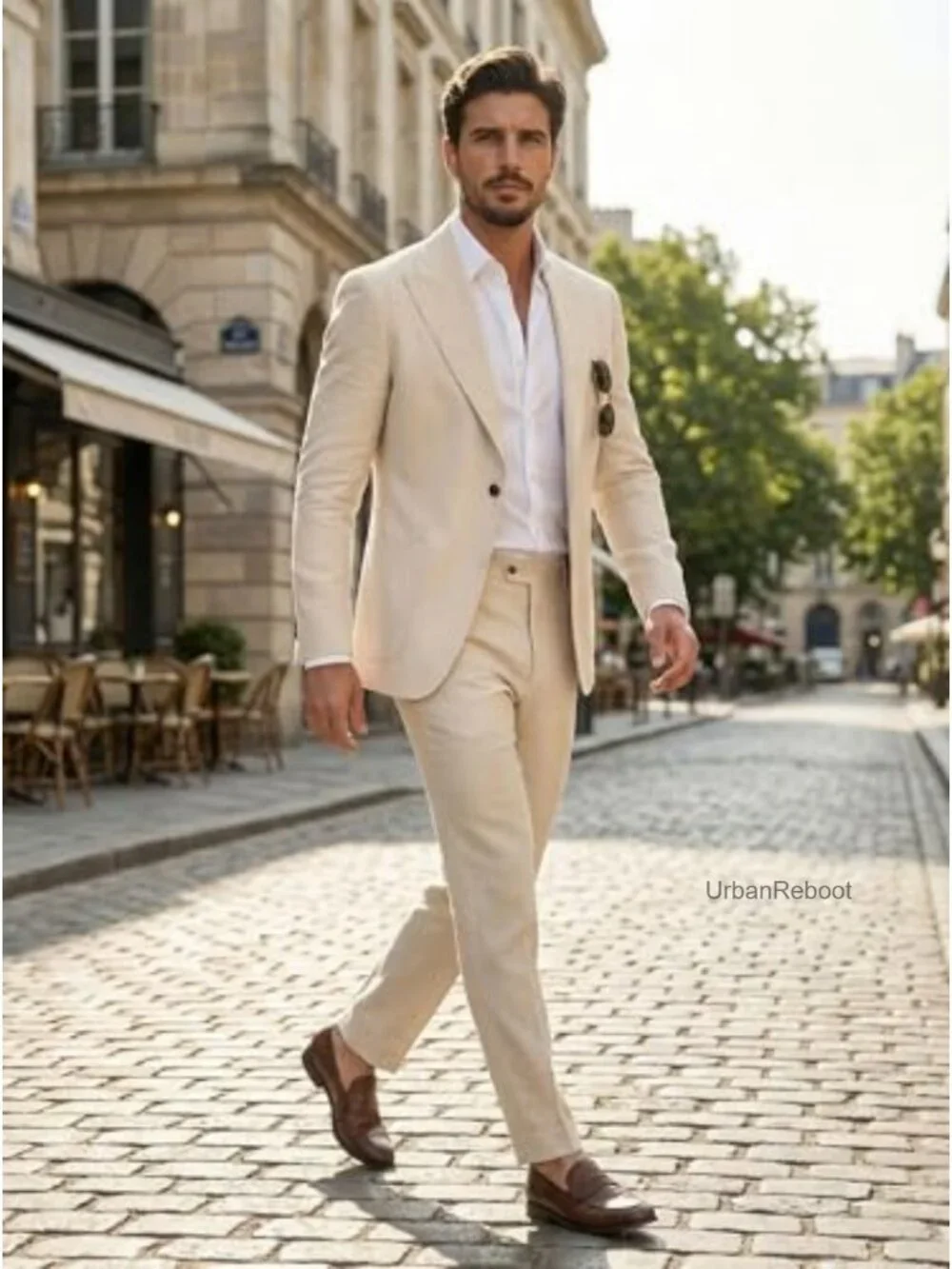 Linen Suit 2 Piece Slim Fit Men's Wedding Prom Outfit Blazer Pants Set